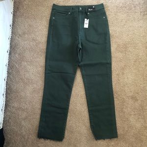 Express Super High Waisted Green Raw Hem Slim Jeans